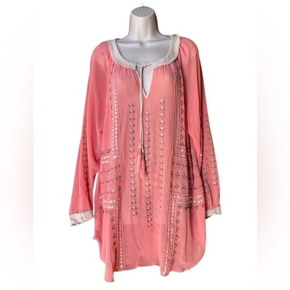 Soft Surroundings XL Boho Beaded Tassels Penelope Cream Neckline Embroidered - Picture 1 of 8